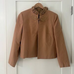 VINTAGE | camel color tan crop wool jacket with top tie ruffled neck union made